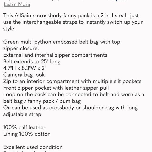 ALL SAINTS snake print bum bag Fanny pack belt bag python green & blue - Picture 8 of 8